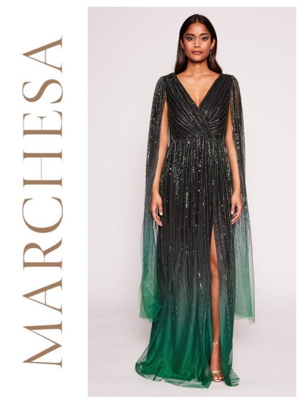 MARCHESA NOTTE Ombré Beaded Caped Gown